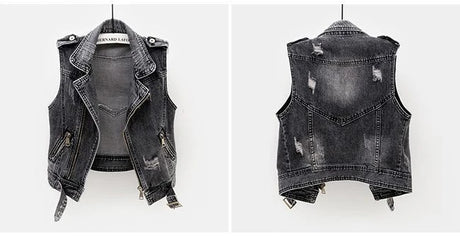 Black Denim Sleeveless Jacket Grunge Ripped Vest