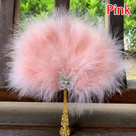 Ostrich Feather Fan Round Fan with Golden Hollow Handle Court Dance Hand Fans
