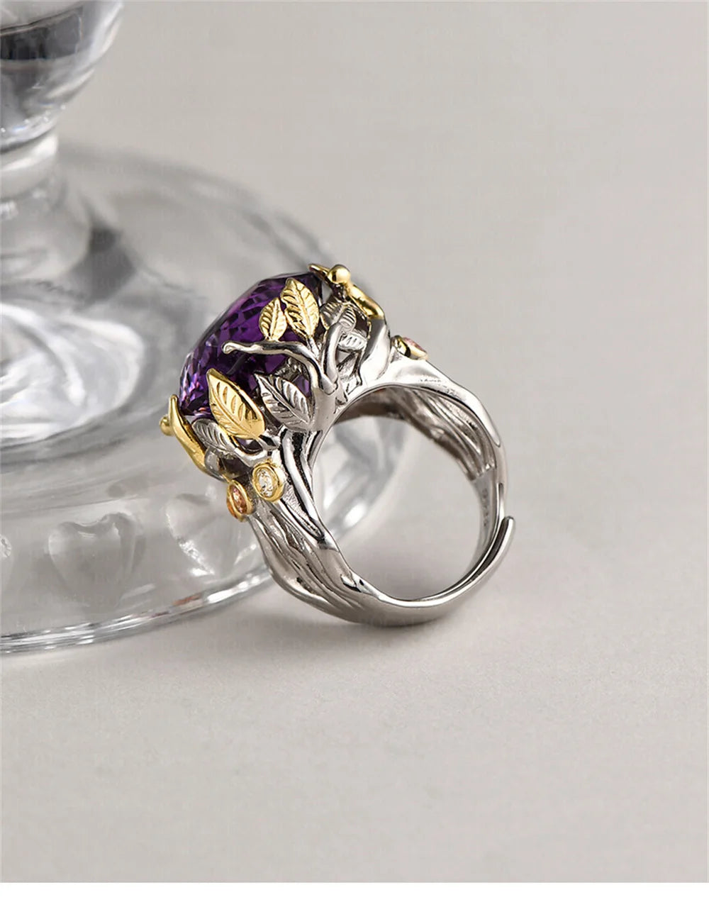 The Weaver's Treasures S925 Sterling Silver Rings Golden Leaves Natural Amethyst Tourmaline