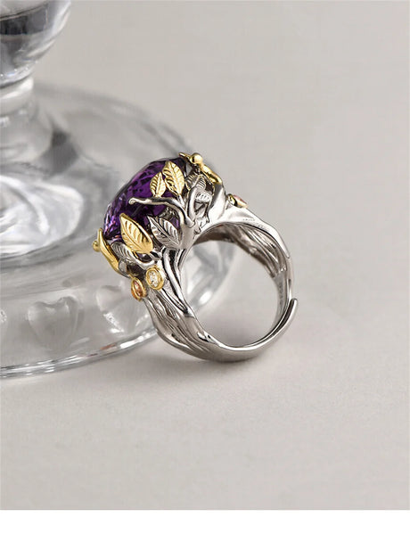 The Weaver's Treasures S925 Sterling Silver Rings Golden Leaves Natural Amethyst Tourmaline