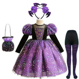 Purple Witch Girls Halloween Costume Star Tulle Party Dresses with Props