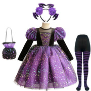 Purple Witch Girls Halloween Costume Star Tulle Party Dresses with Props