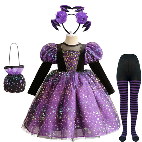 Purple Witch Girls Halloween Costume Star Tulle Party Dresses with Props