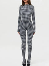 Women's Houndstooth Print High Neck Long Sleeved Top High Waist Slim Fit Jumpsuit Mid Century