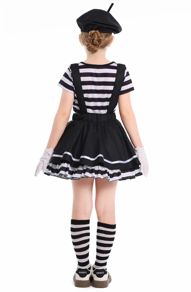 French Mime Pantomime Actor Clown Halloween Girls Stage Performance Costume Outfits Top+Strappy skirt+Hat+Gloves