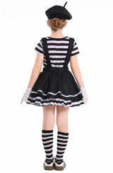 French Mime Pantomime Actor Clown Halloween Girls Stage Performance Costume Outfits Top+Strappy skirt+Hat+Gloves
