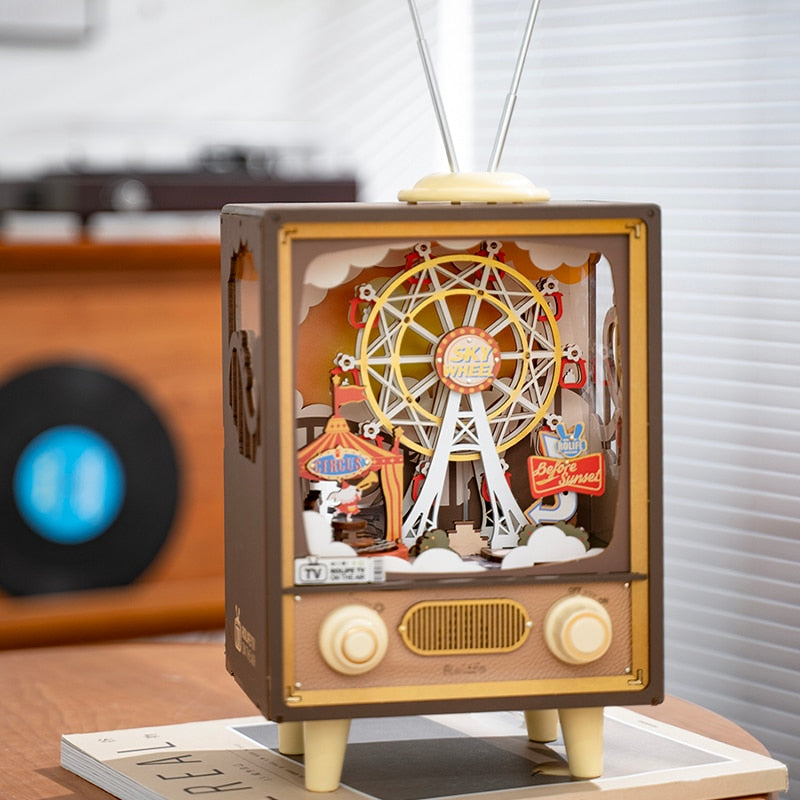 Sunset Carnival Retro TV Music Boxes with Lights 3D Wooden DIY Model Kit Puzzle Toys