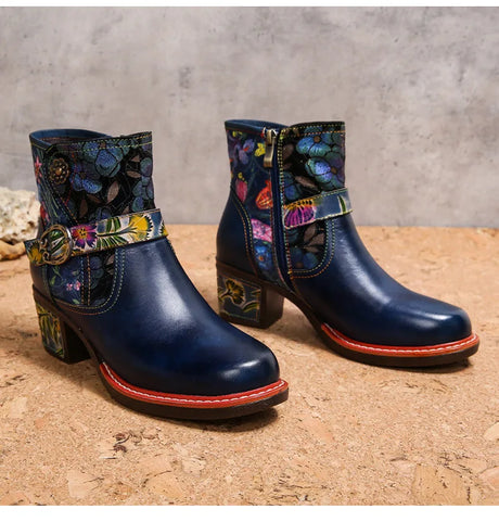 Violet's Floral Boots Genuine Leather Hand-painted Short Boots
