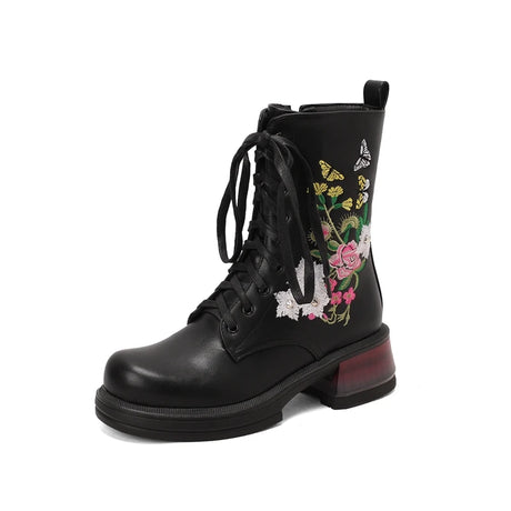 Wildflower Embroidery Lace Up Ankle Boots Black Platform Chunky Heels Large Sizes