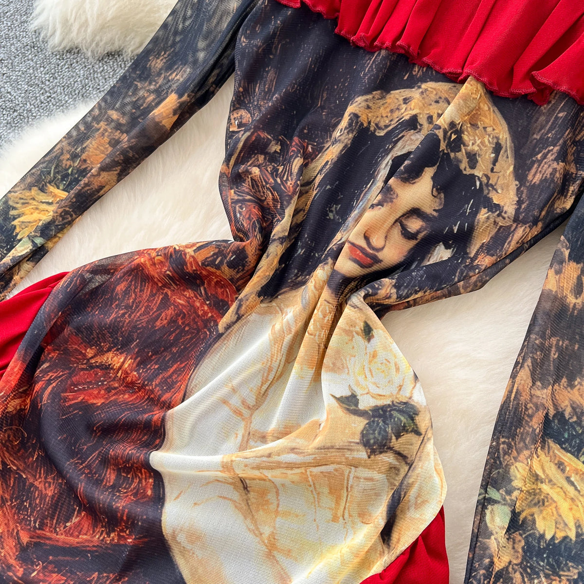 Madelegna's French Renaissance Oil Painting Long Sleeve Dress