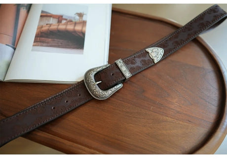 Bobby Ray's Genuine Leather Western Cowboy Court Style Embossed Steel Buckle Belt
