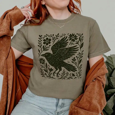 Folklore Crow Lino Print Cotton T-Shirt Folk Art Linocut