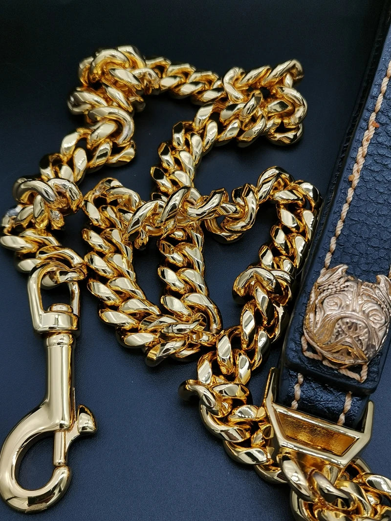 French Bulldog Dog Leash 14mm Cuban Chain Genuine Leather Stainless Steel Pet Accessories