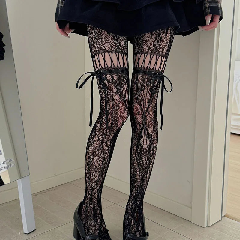 Lace Bow Tie Fishnet Stockings Flower Pantyhose Tights
