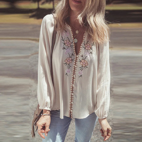 Gracie's Boho Blouses Floral Embroidery Button Down White Long-sleeved Shirt