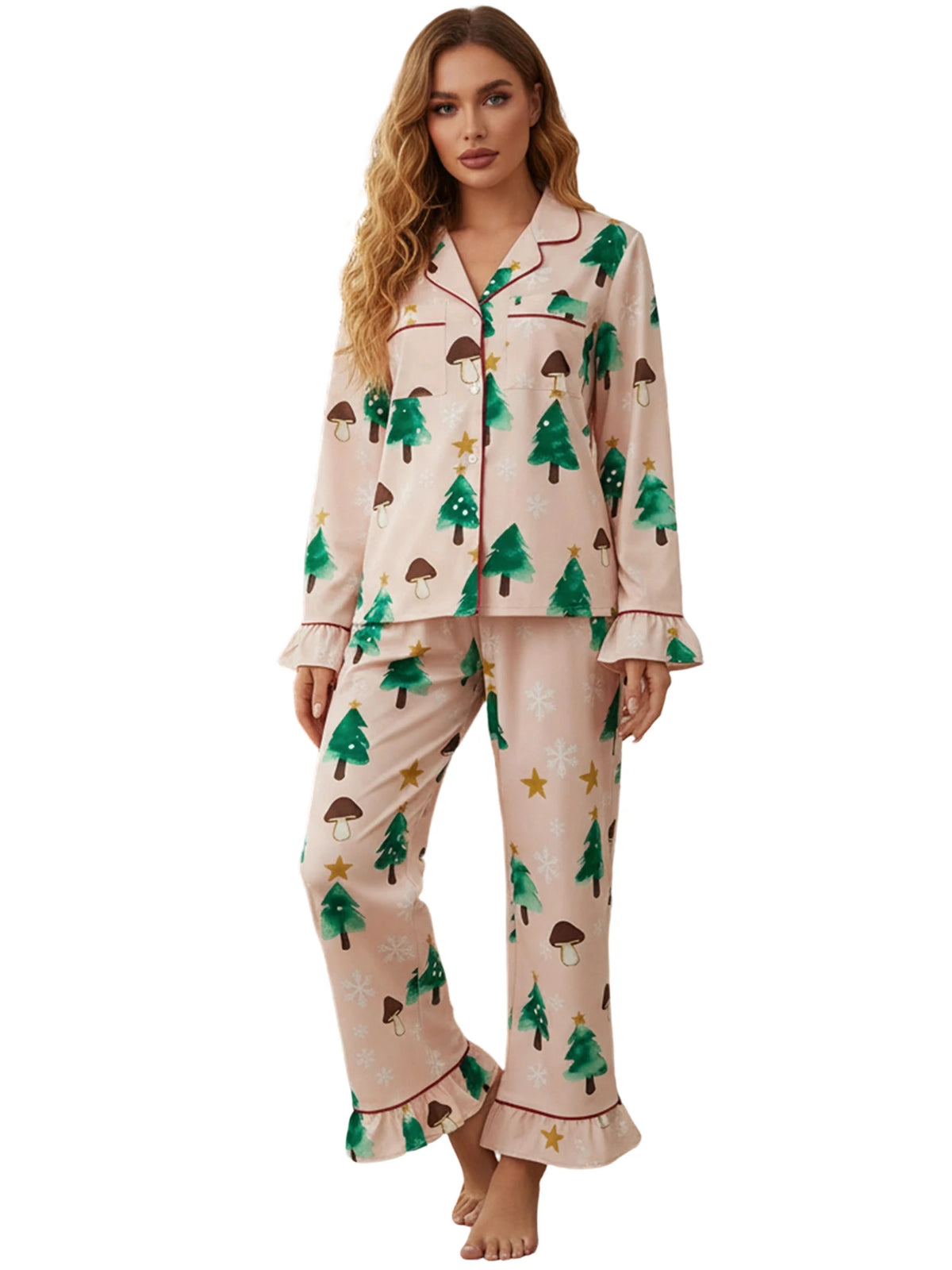 Women's Christmas Pyjama Set Mushroom Christmas Tree Print Sleepwear