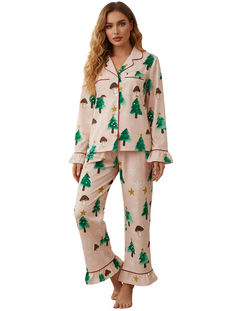 Women's Christmas Pyjama Set Mushroom Christmas Tree Print Sleepwear