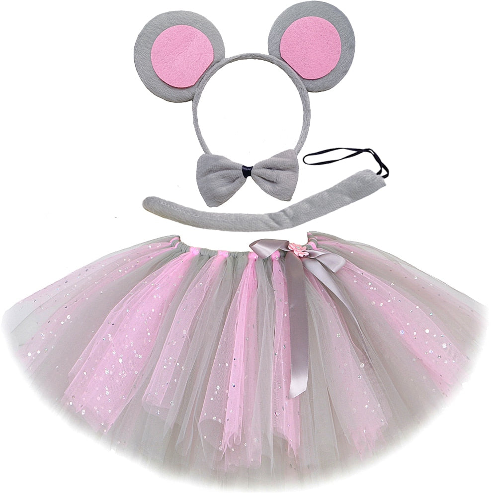 Sparkly Pink Grey Mouse and Elephant Tulle Tutu Skirt Halloween Costumes