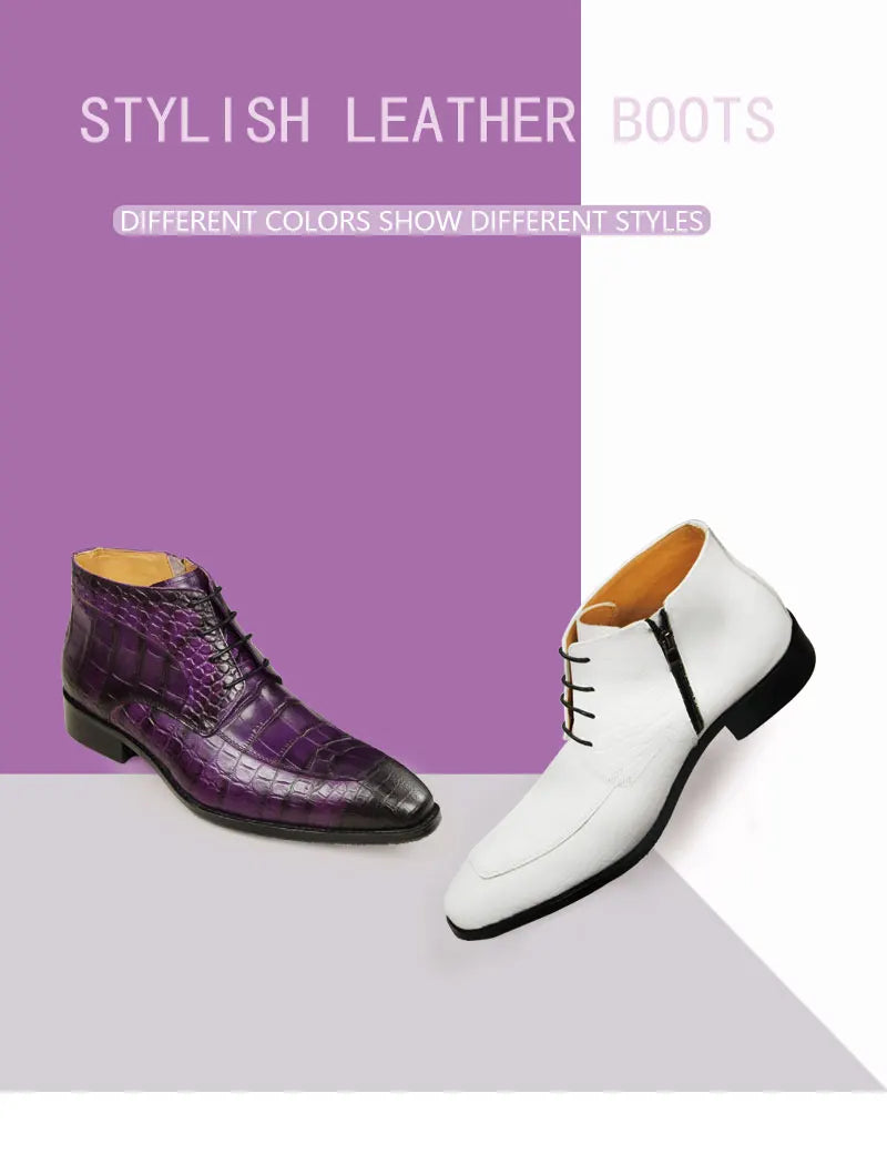 Gator Boots Pointed Toe Mens Genuine Leather Shoes White Purple Green
