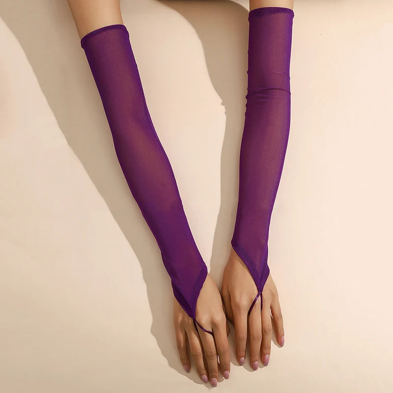 16 Colours Sheer Mesh 48cm Long Hook Finger Gloves Stretchy Sun Protection Cosplay Dance Wear
