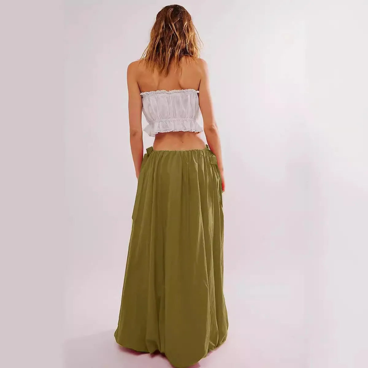 Tara's Boho Skirts Low Waist Solid Colour Lace-up Bow Maxi Skirts
