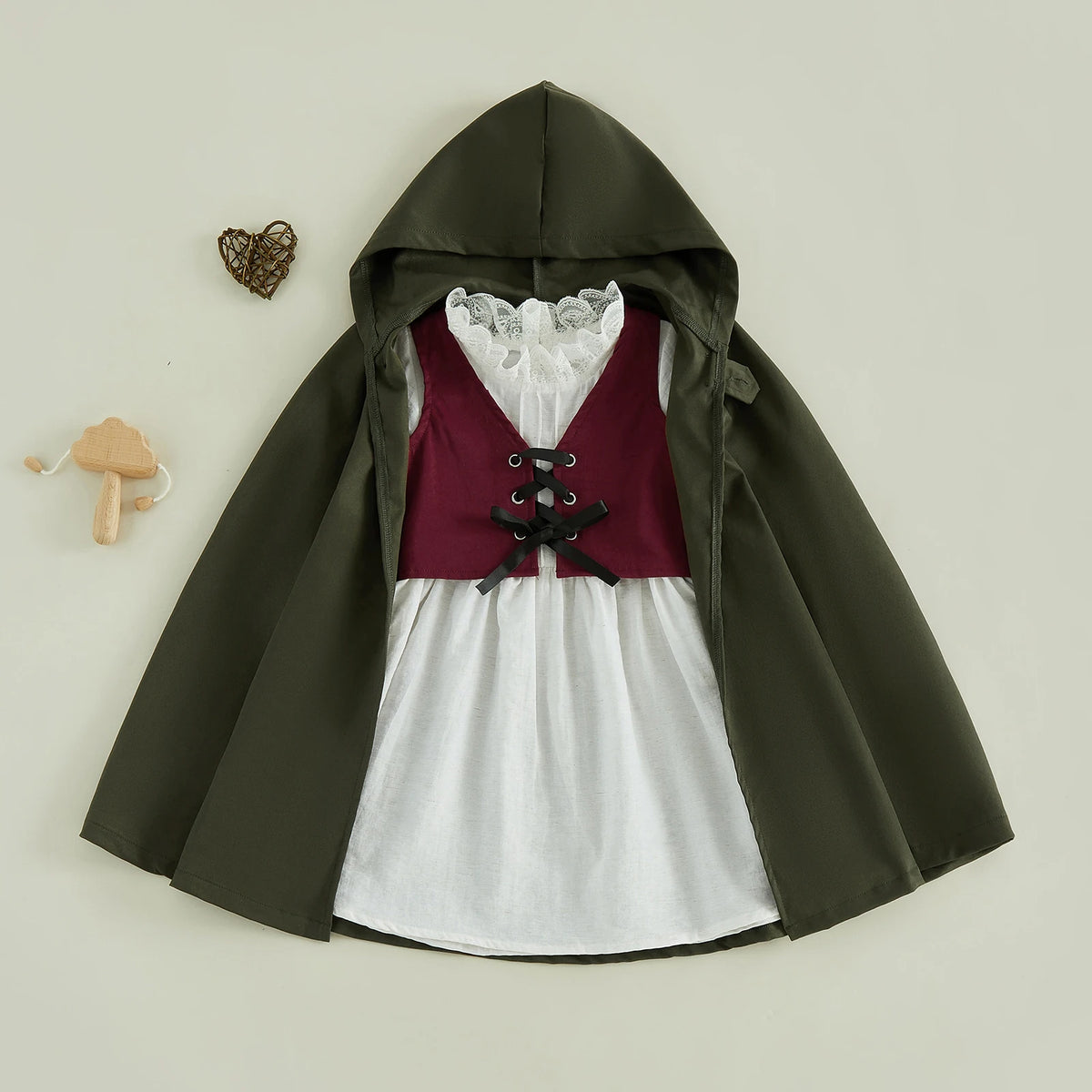 Medieval Woodland Kids Girls Costume Long Sleeve Lace Trim Dress with Vest Cloak Cosplay Outfit Set
