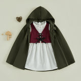 Medieval Woodland Kids Girls Costume Long Sleeve Lace Trim Dress with Vest Cloak Cosplay Outfit Set