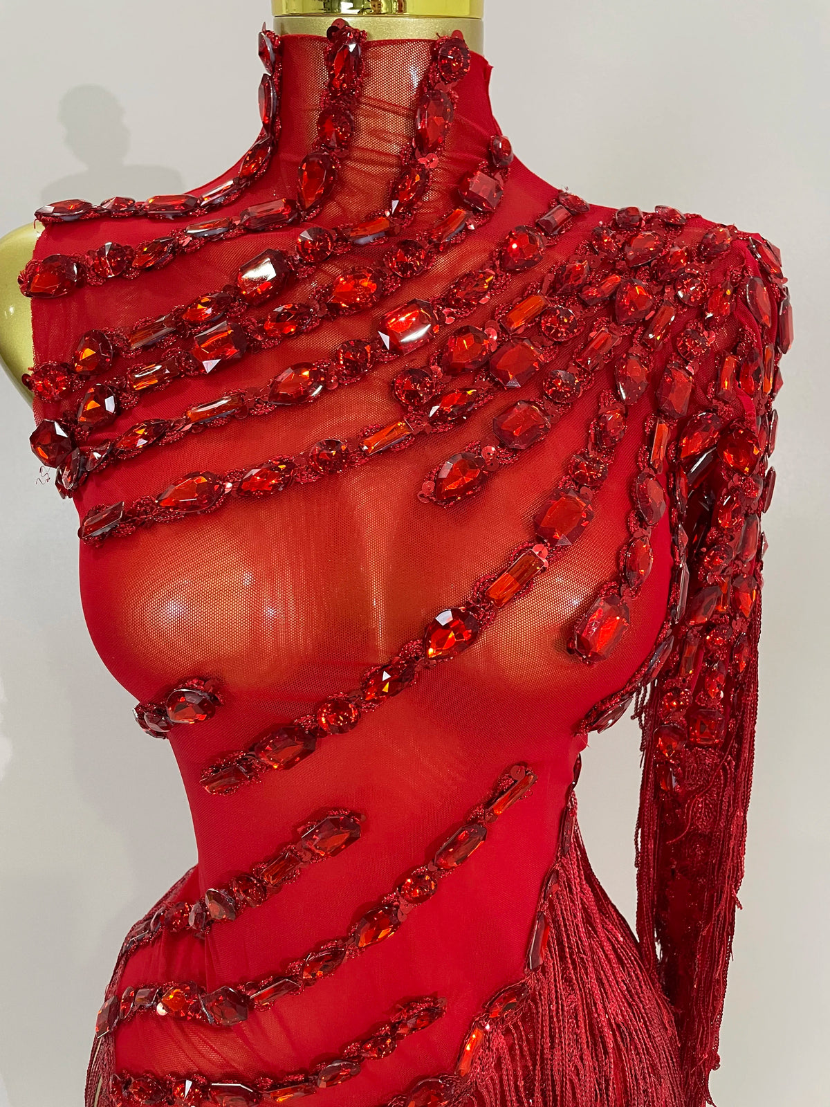 Sparkly Rhinestones Fringed Latin Dance Outfits Stage Performance Costume