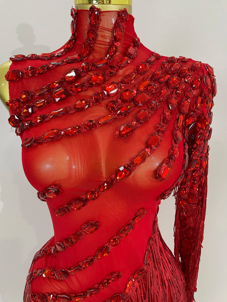 Sparkly Rhinestones Fringed Latin Dance Outfits Stage Performance Costume