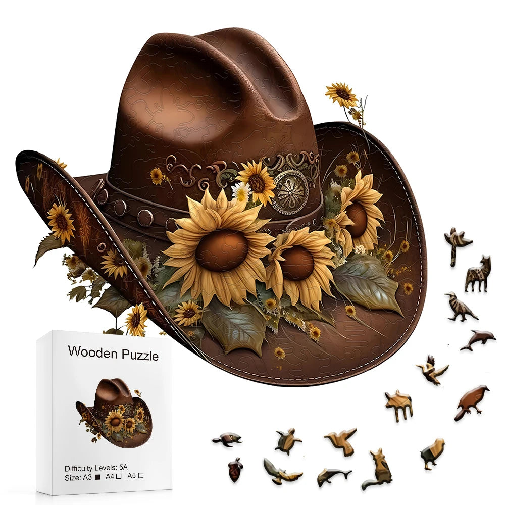 Sunflower Cowboy Hat Wooden Jigsaw Puzzle Irregular Animal Shaped Pieces