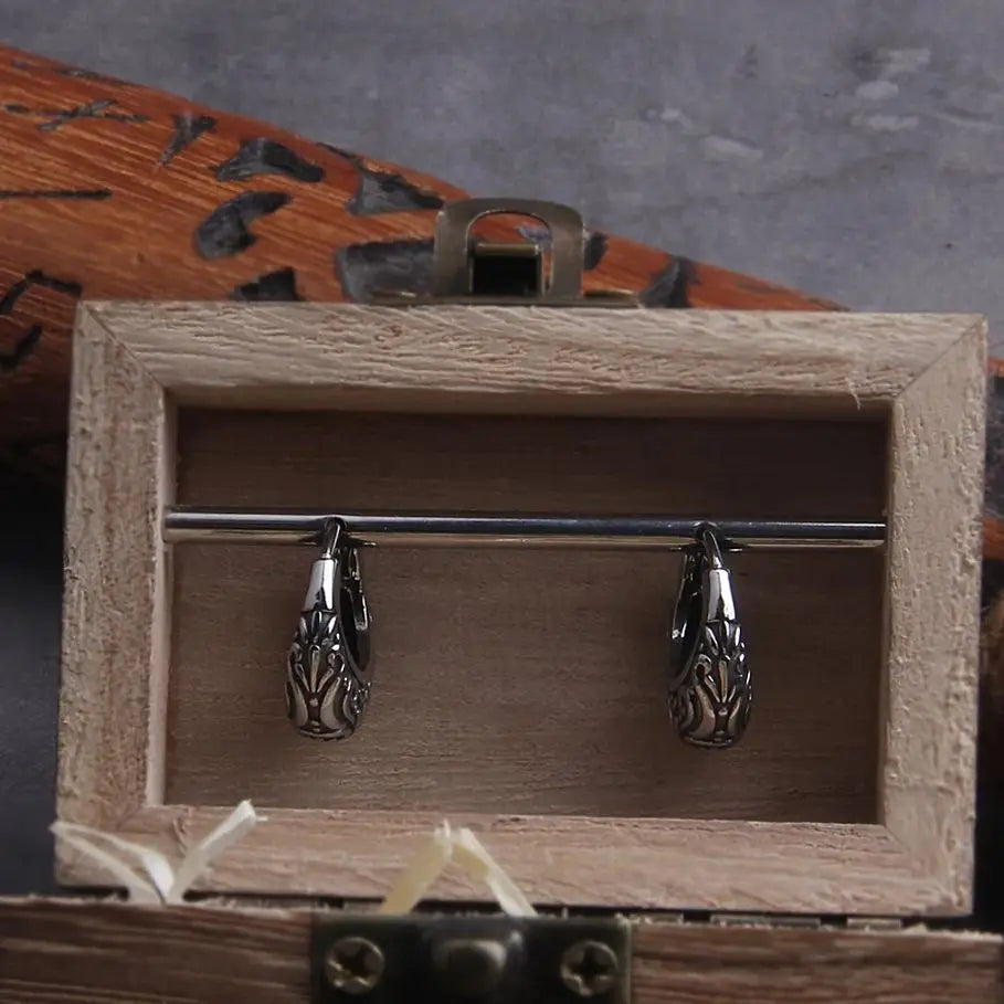 Filigree Stainless Steel Huggie Earrings for Men with Wooden Box