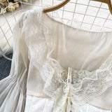 French Court Blouse Chiffon Lace Lace-up Top