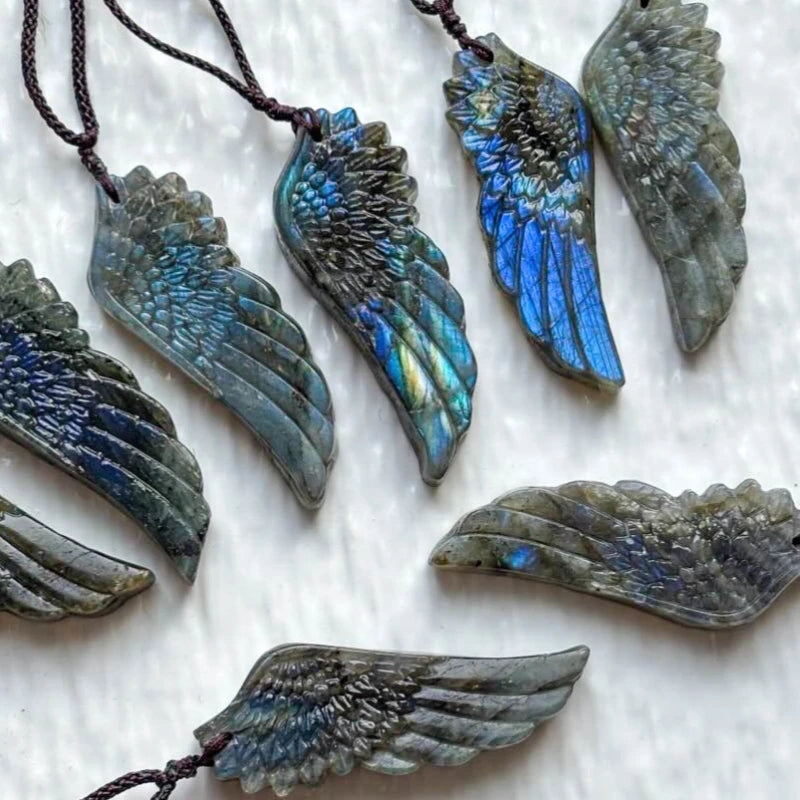 Labradorite Wing Pendant Necklace Adjustable Braided Cord Natural Iridescent Stone