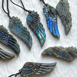 Labradorite Wing Pendant Necklace Adjustable Braided Cord Natural Iridescent Stone