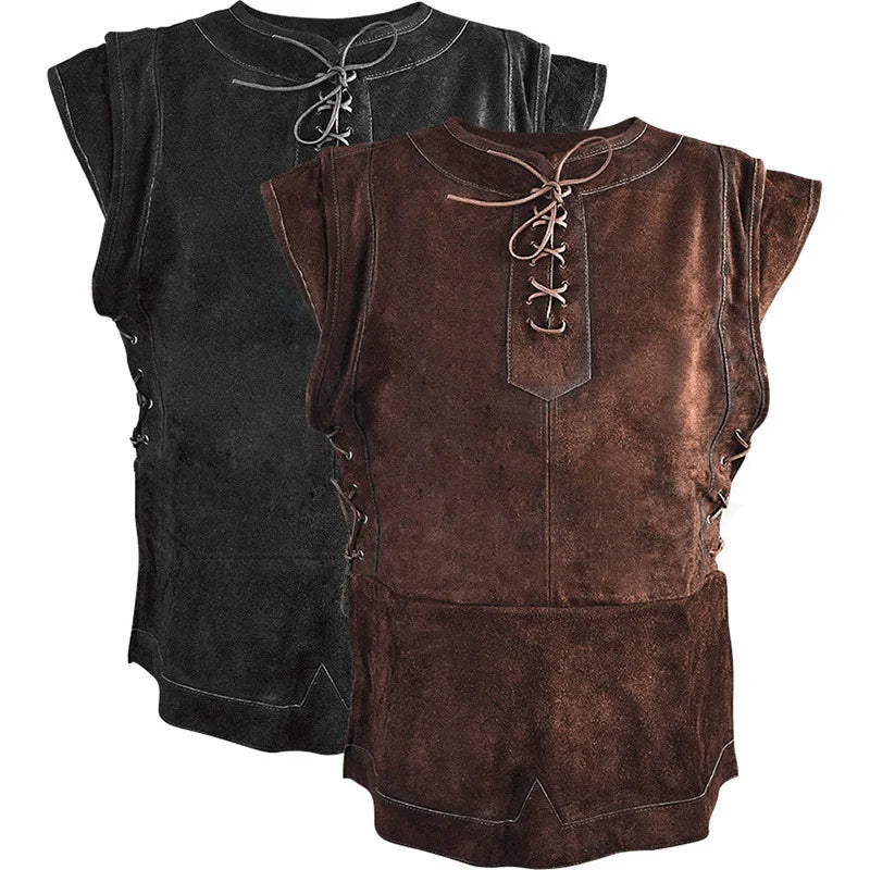 Men's Medieval Faux Suede Vest Sleeveless Shirt Vikings Cosplay Archer Costume