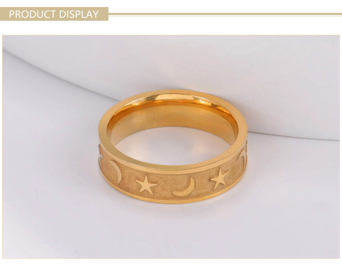 Boho Moon Star Ring Matte Gold Colour Stainless Steel Band Rings