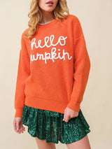 Hello Pumpkin Halloween Sweater Letter Embroidery Knit Fall Winter Pullover