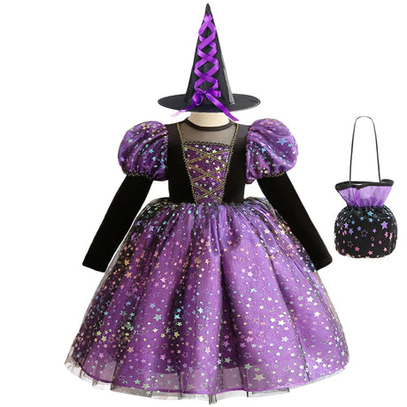 Purple Witch Girls Halloween Costume Star Tulle Party Dresses with Props