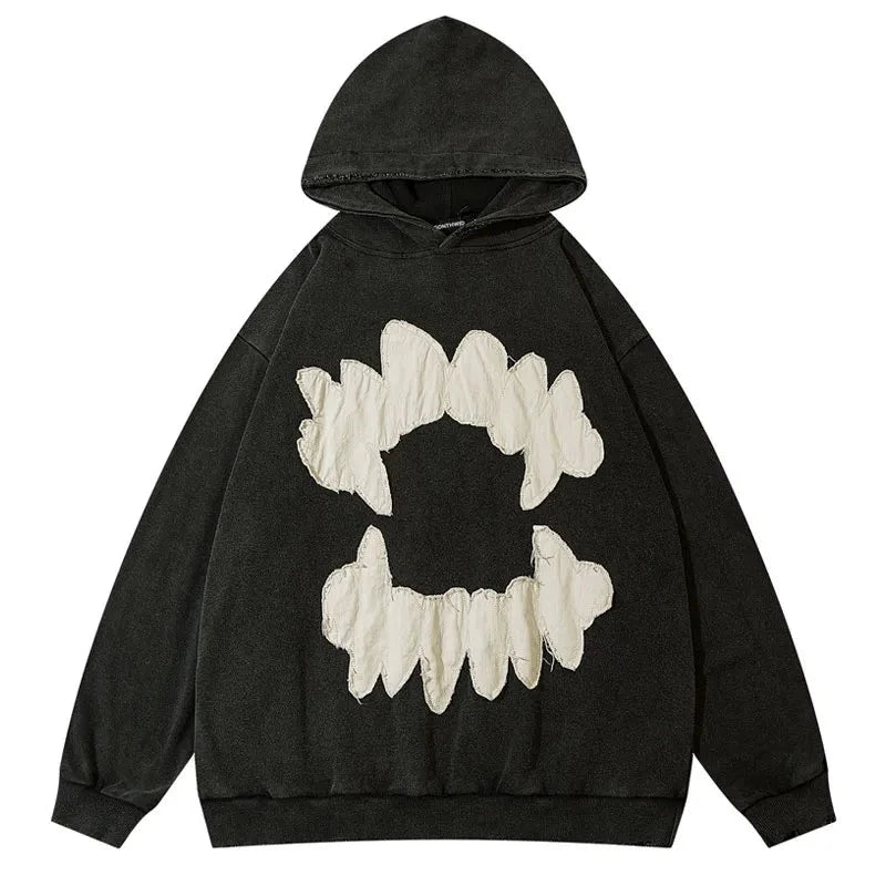 Fangs Ripped Patch Mens Hoodie Sweatshirt Y2K Grunge Hooded Streetwear