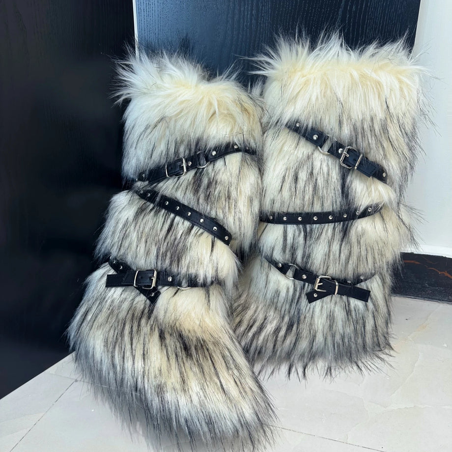 靴 00s archive fur tribal shoes grunge Y2K Winter Faux Fur Snow Boots Y2K Punk Rave Furry Shoes Woodland Gatherer