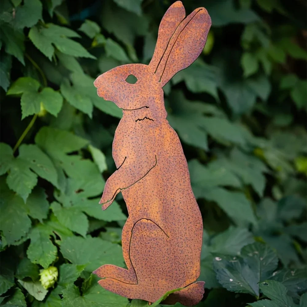 Rustic Metal Rabbit Garden Stake Rusty Bunny Silhouette