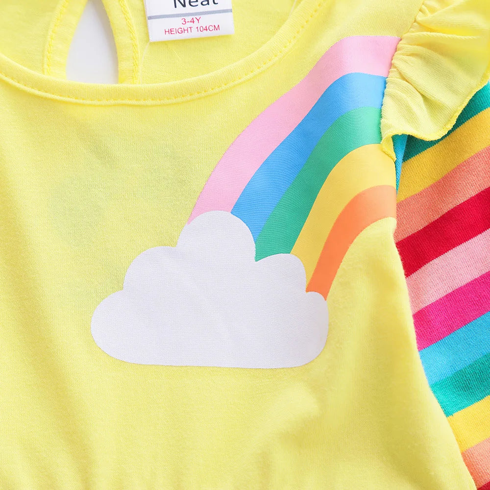 Girls' Long Sleeve Unicorn Dress Two Pockets Rainbow Sleeves