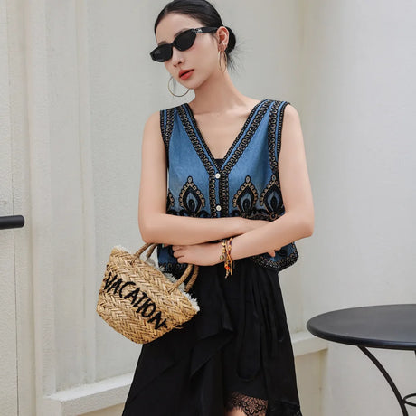 Mardi's Boho Denim Floral Embroidery Vest Top