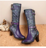 Purple Embossed Dragonfly Genuine Leather Long Boots