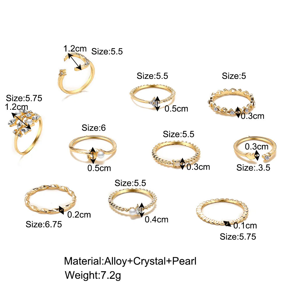 Boho Moon Heart Set of Ten Rings