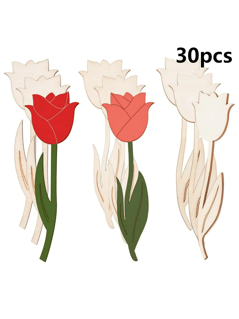 15/30pcs 3 Styles Wooden Tulip Flower Cutouts Wooden Craft Project