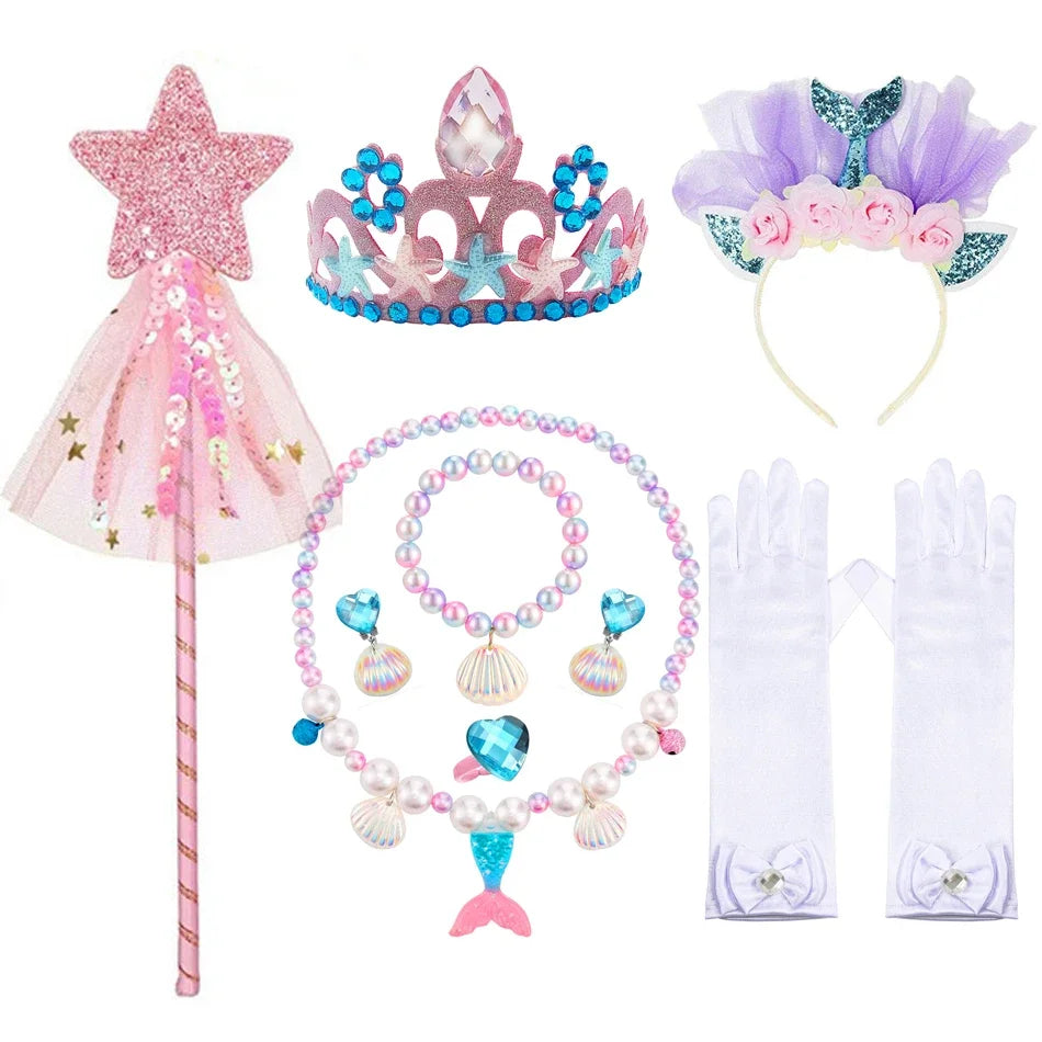 Mermaid Accessories Gloves Wand Crown Jewellery Set Wig Necklace Braid Cosplay Halloween Birthday Party