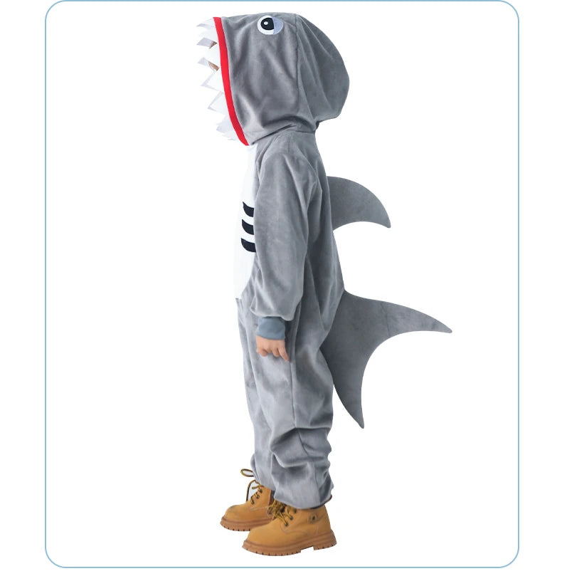 Boys and Girls Grey Shark Kids Outfits Book Week Costume Onsie Hoodie Halloween Fancy Dress Up Play Suit