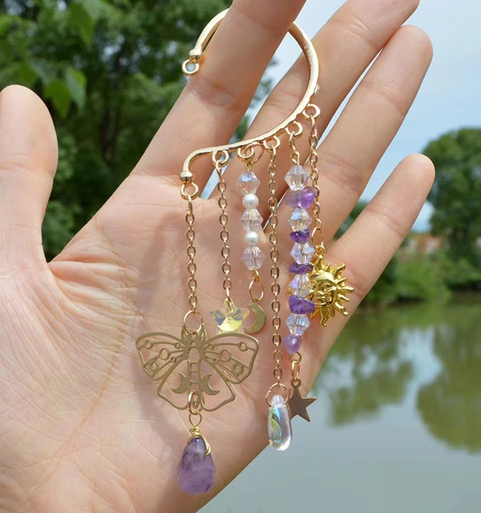 Natural Quartz Crystal Charm Ear Cuffs Sun Moon Single Ear Clip