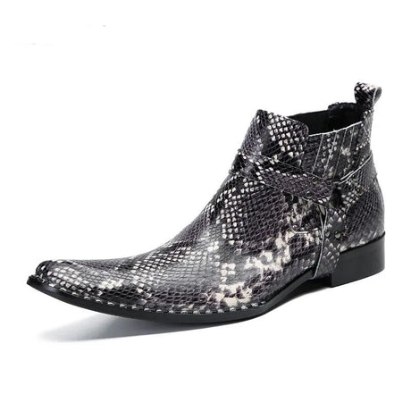 Angus' Pointed Iron Toe Snake Pattern Genuine Leather Ankle Boots